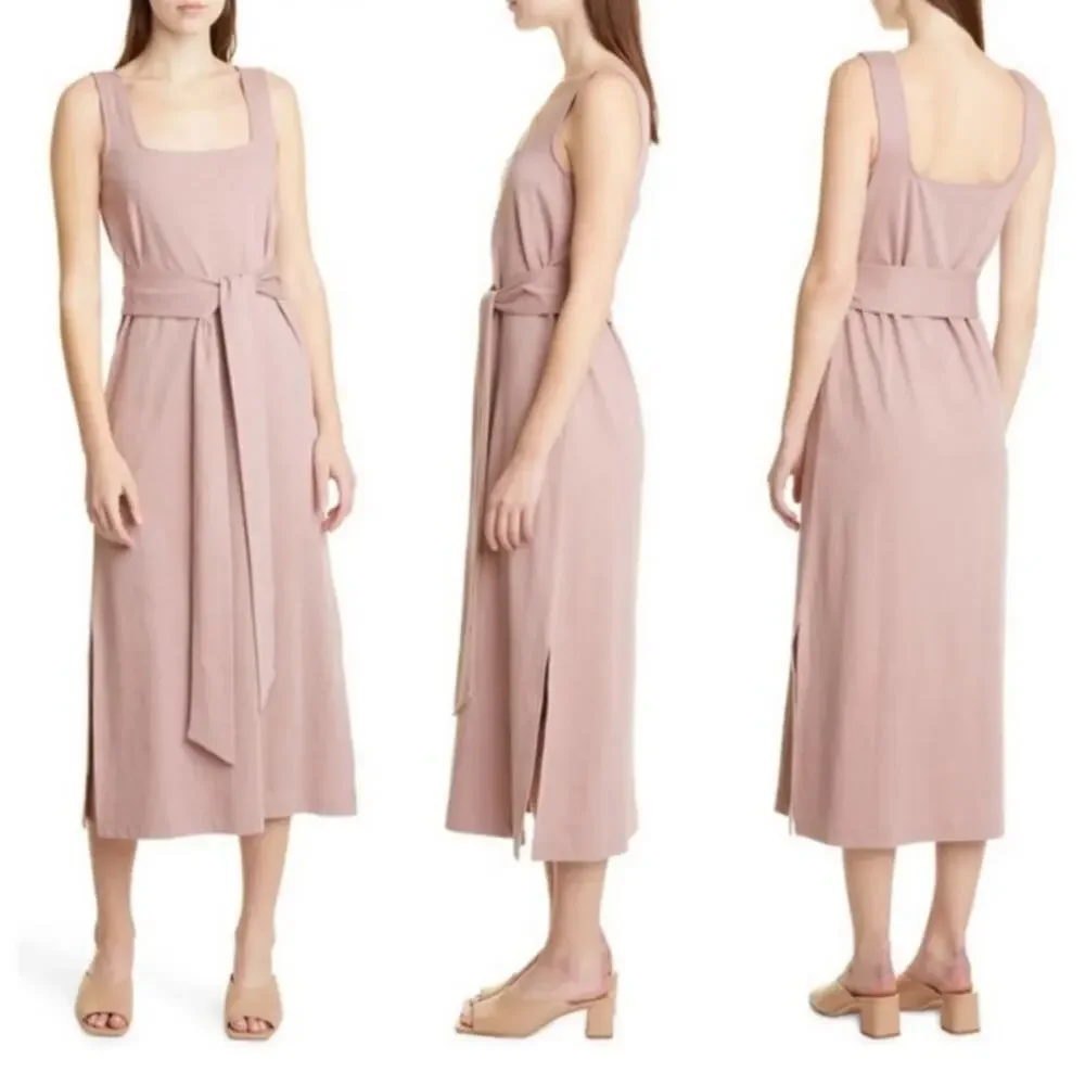 Vince‎ Belted Square Neck Soft Cotton Midi Dress in Pink Size Small - Picture 3 of 10